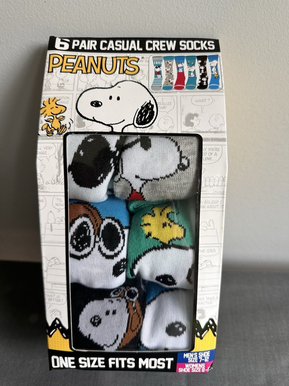 Snoopy Crew Socks Novelty Set Of 6 Pairs NEW Woodstock Unisex Men’s 7-12 Wom 8+